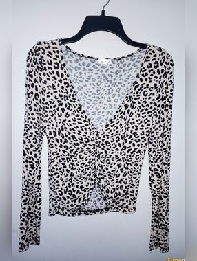 Leopard Print Twist Front Long Sleeve Top - Cream/Black